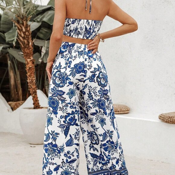 Blue White Boho Womens Floral Print Boho Womens Floral Print Halterneck Jumpsuit - Picture 2 of 5
